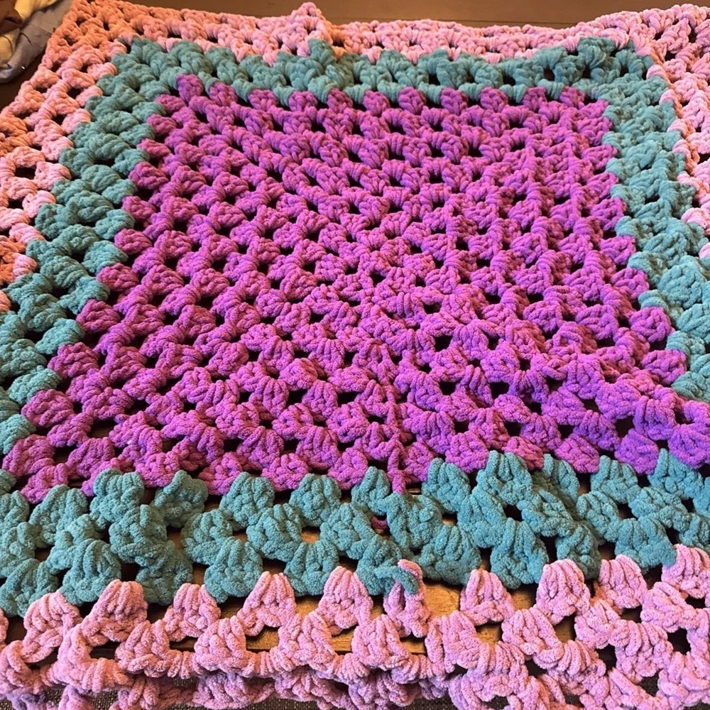 Handmade‎ Crochet Granny Square Blanket Purple Teal Lavender  Chenille Throw